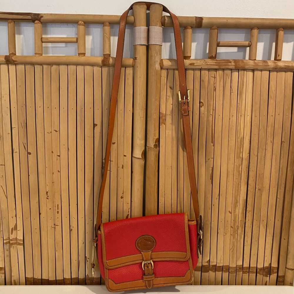 Vintage Dooney & Bourke AWL Red Tan Crossbody Bag USA Pebble Leather